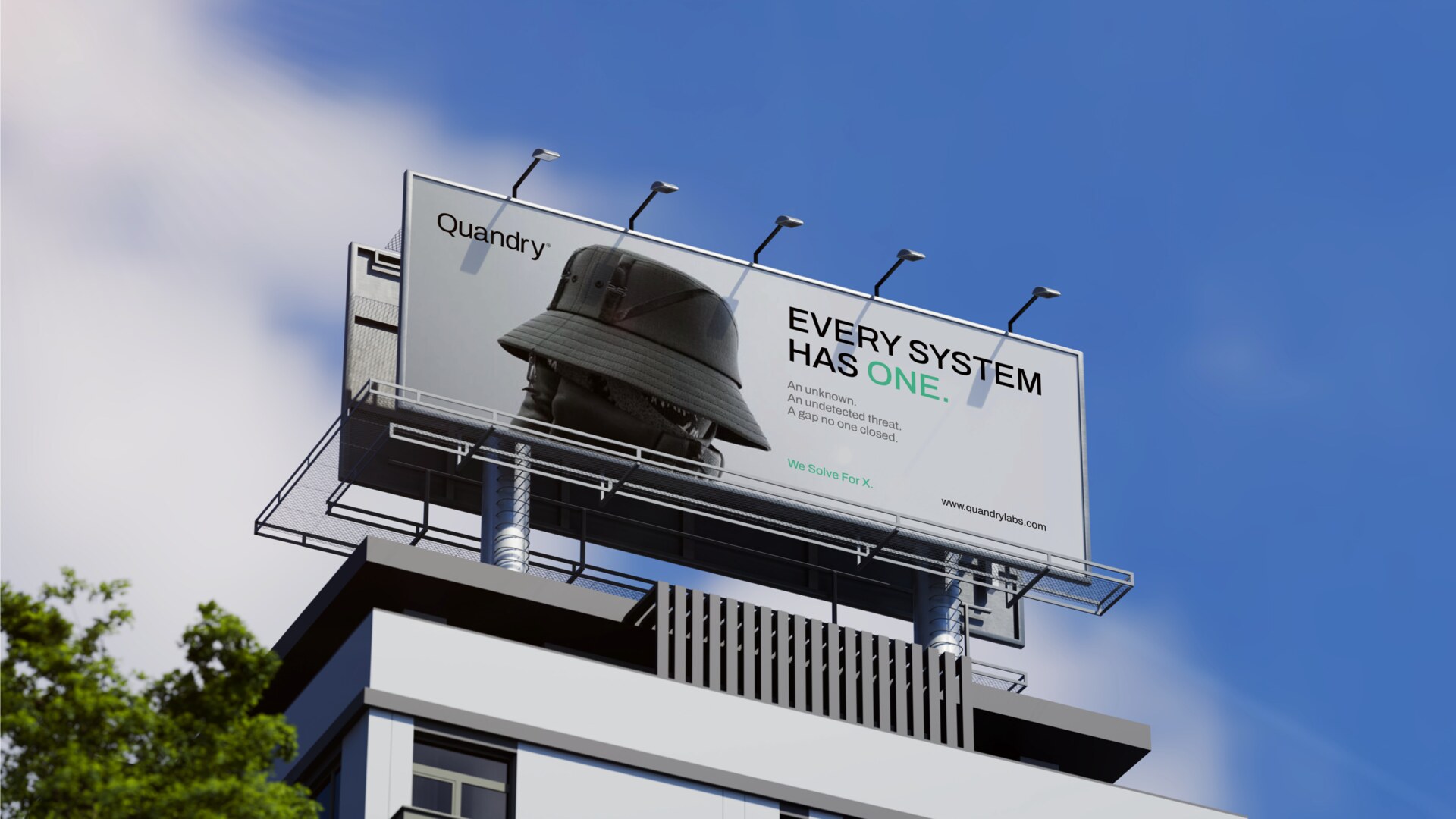 Quandry rooftop billboard reading 'Every system has one. We Solve For X.'